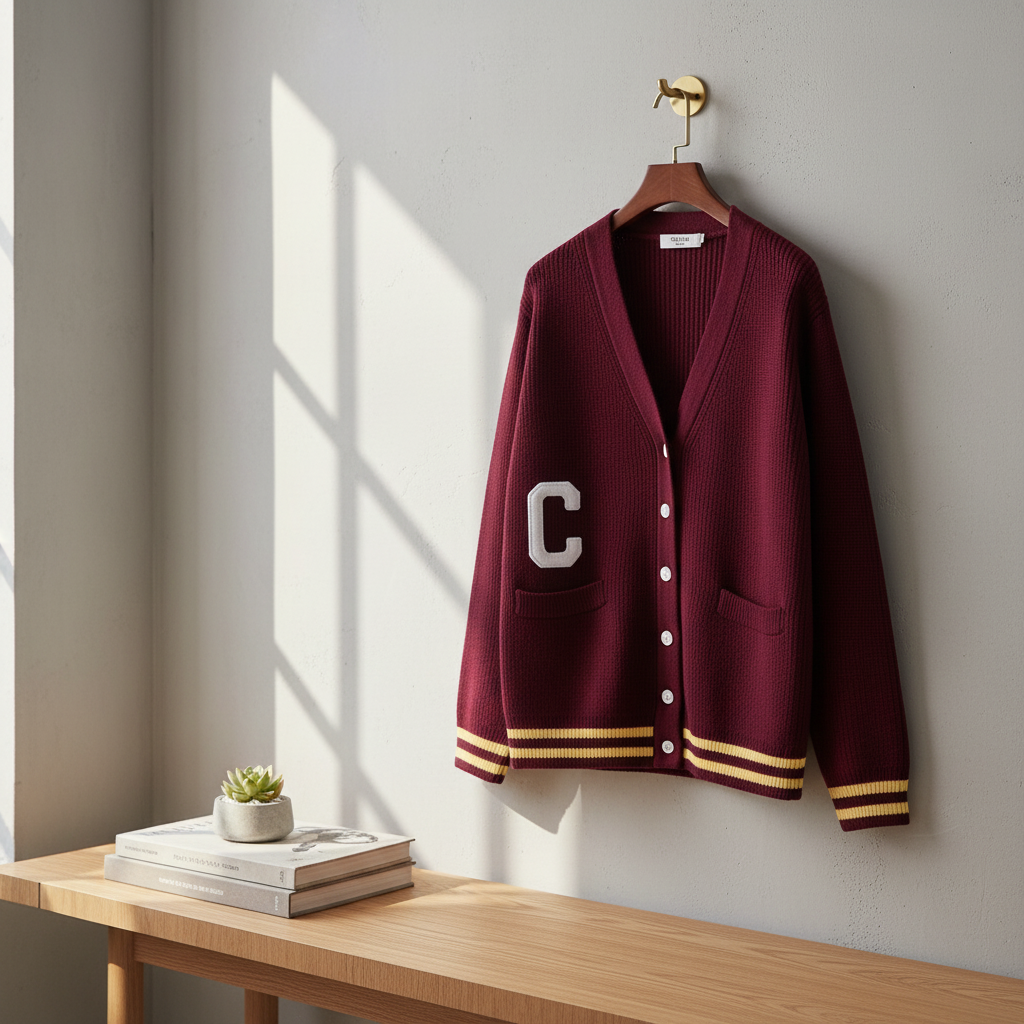 CELINE Burgundy Varsity Knit Cardigan Sweater