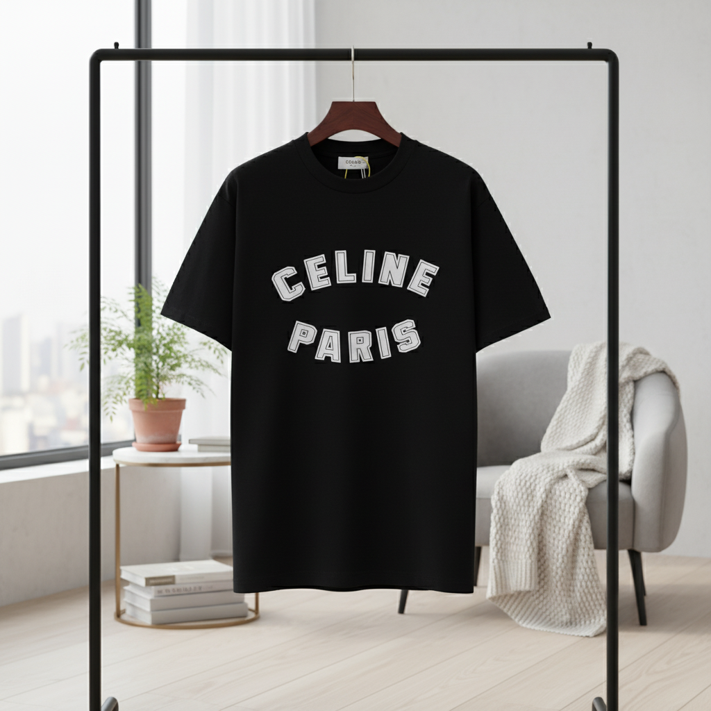 CELINE Paris Black Cotton Logo T-Shirt Casual Fashion