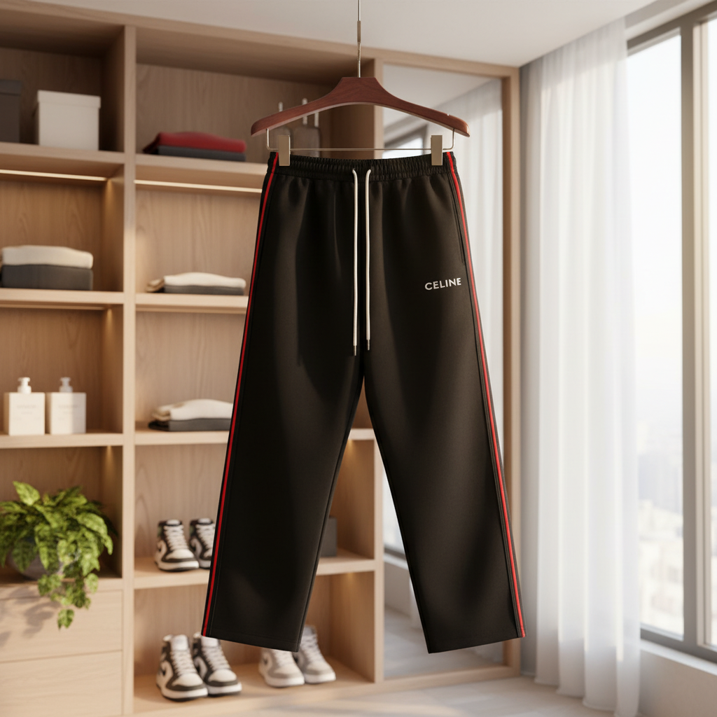 CELINE Men Black Track Pants Red Stripe