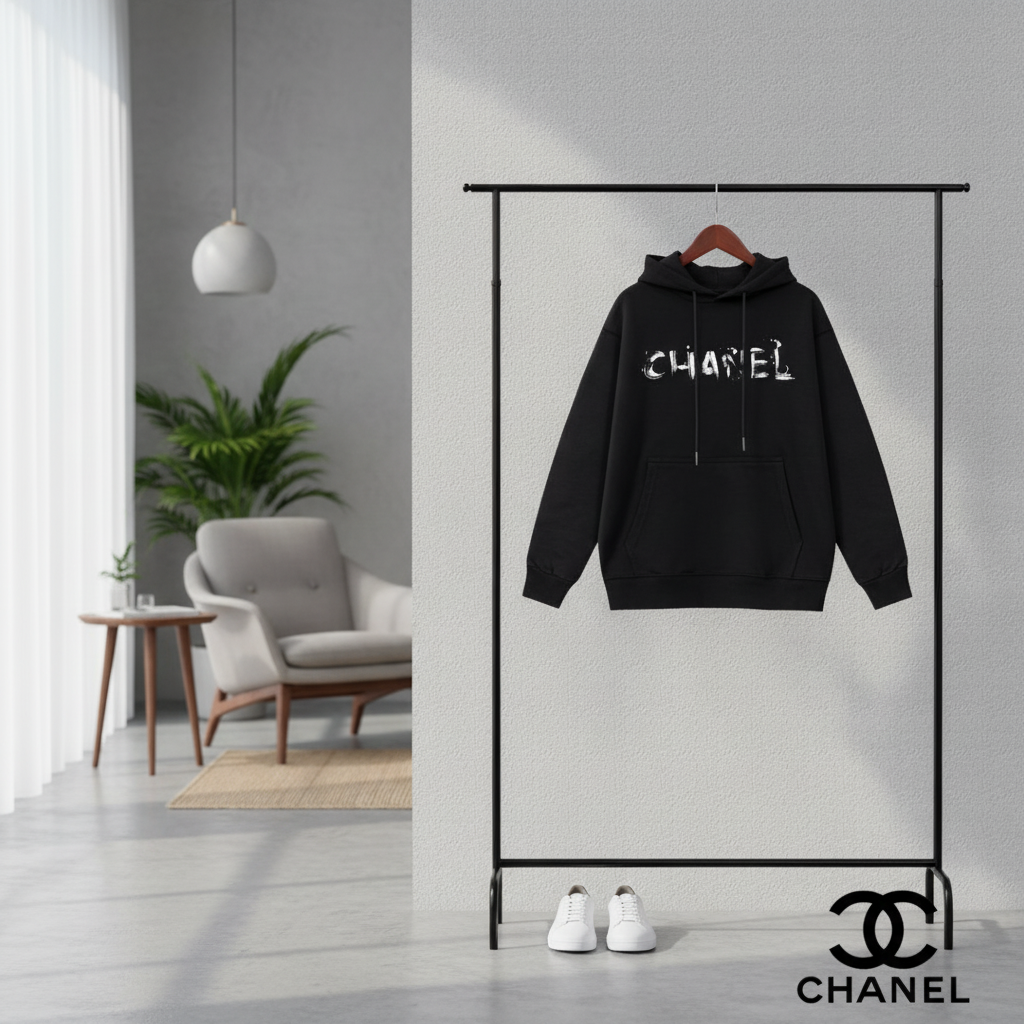 CHANEL Black Logo Cotton Hoodie Pullover