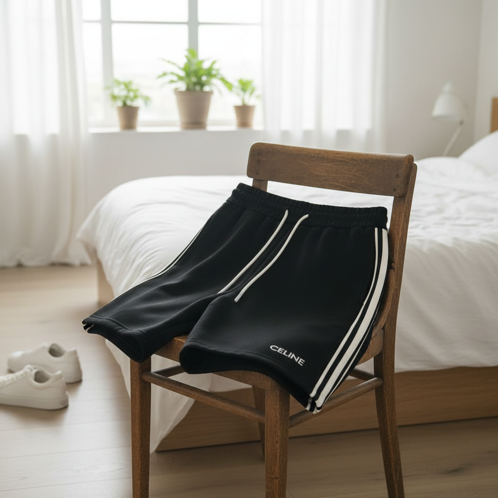 CELINE Men's Black Stripe Drawstring Casual Shorts
