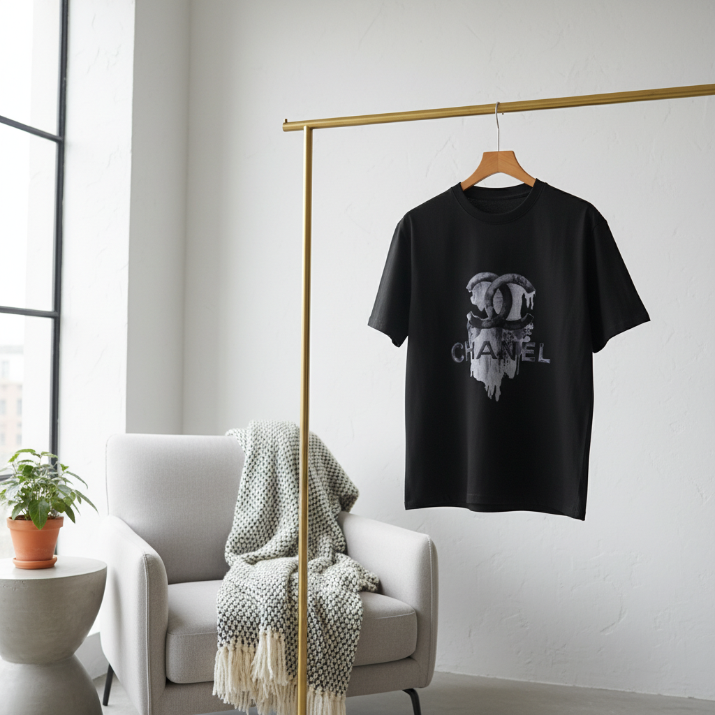 CHANEL Black Dripping Logo Cotton T-Shirt Unisex Fashion