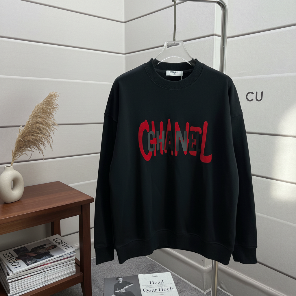 CHANEL Black Hoodie Red Logo Unisex Streetwear Sweater
