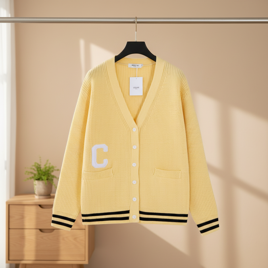 CELINE Yellow Cotton V-Neck Knit Cardigan
