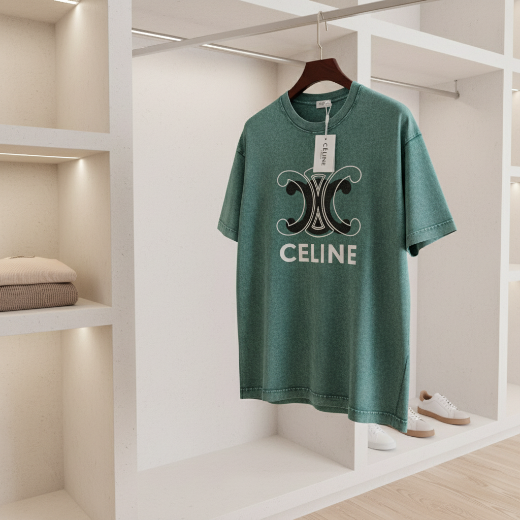 CELINE Triomphe Logo Vintage Wash Cotton T-Shirt