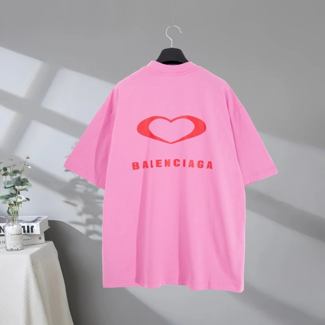 Balenciaga Pink Heart Logo Oversized Cotton T-Shirt