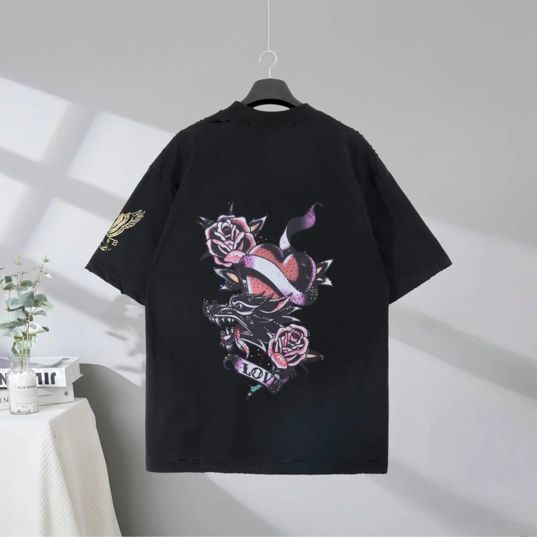 Balenciaga Black Oversized Floral Logo Cotton T-Shirt