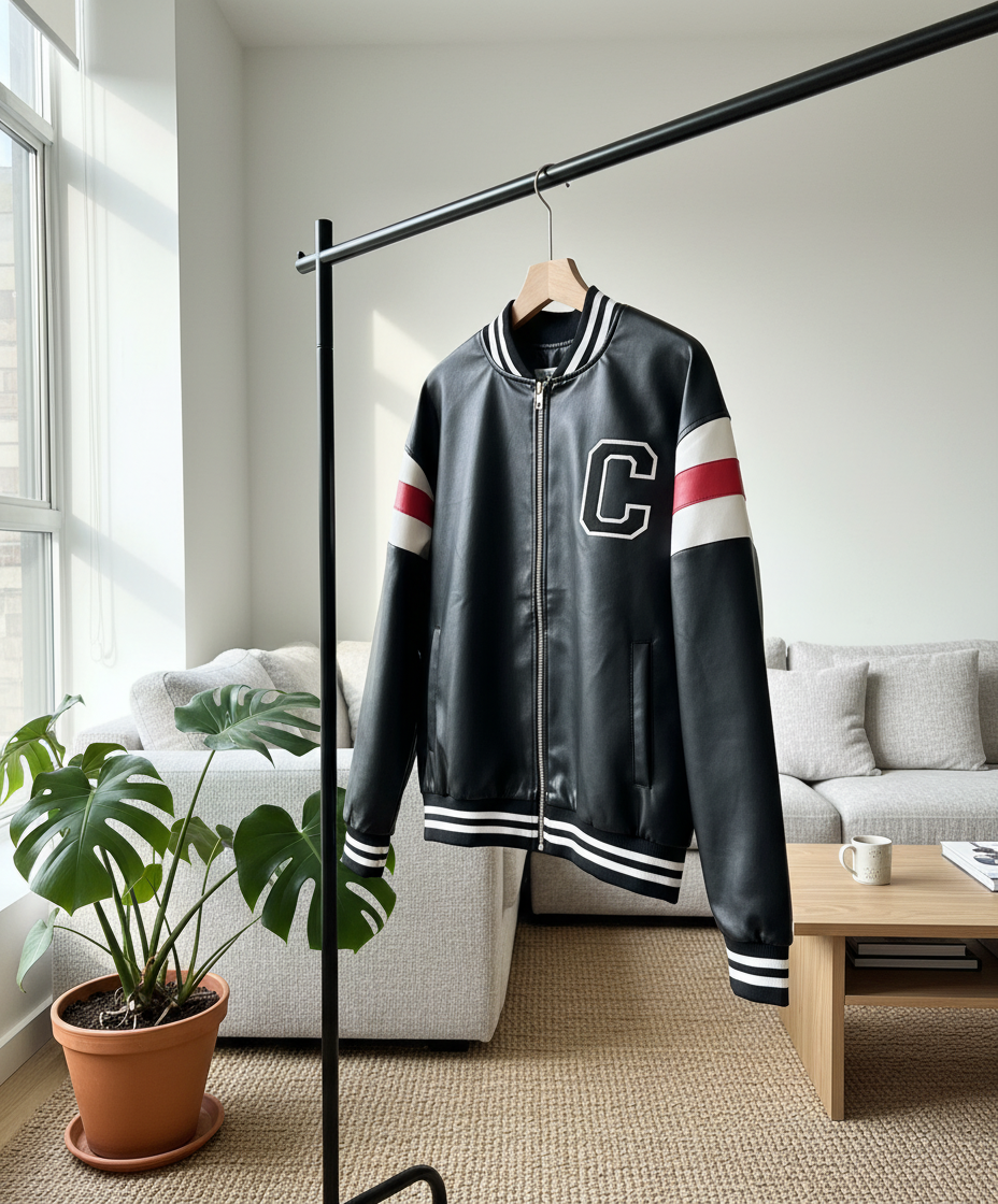 CELINE Men Black Varsity Jacket C Logo Streetwear