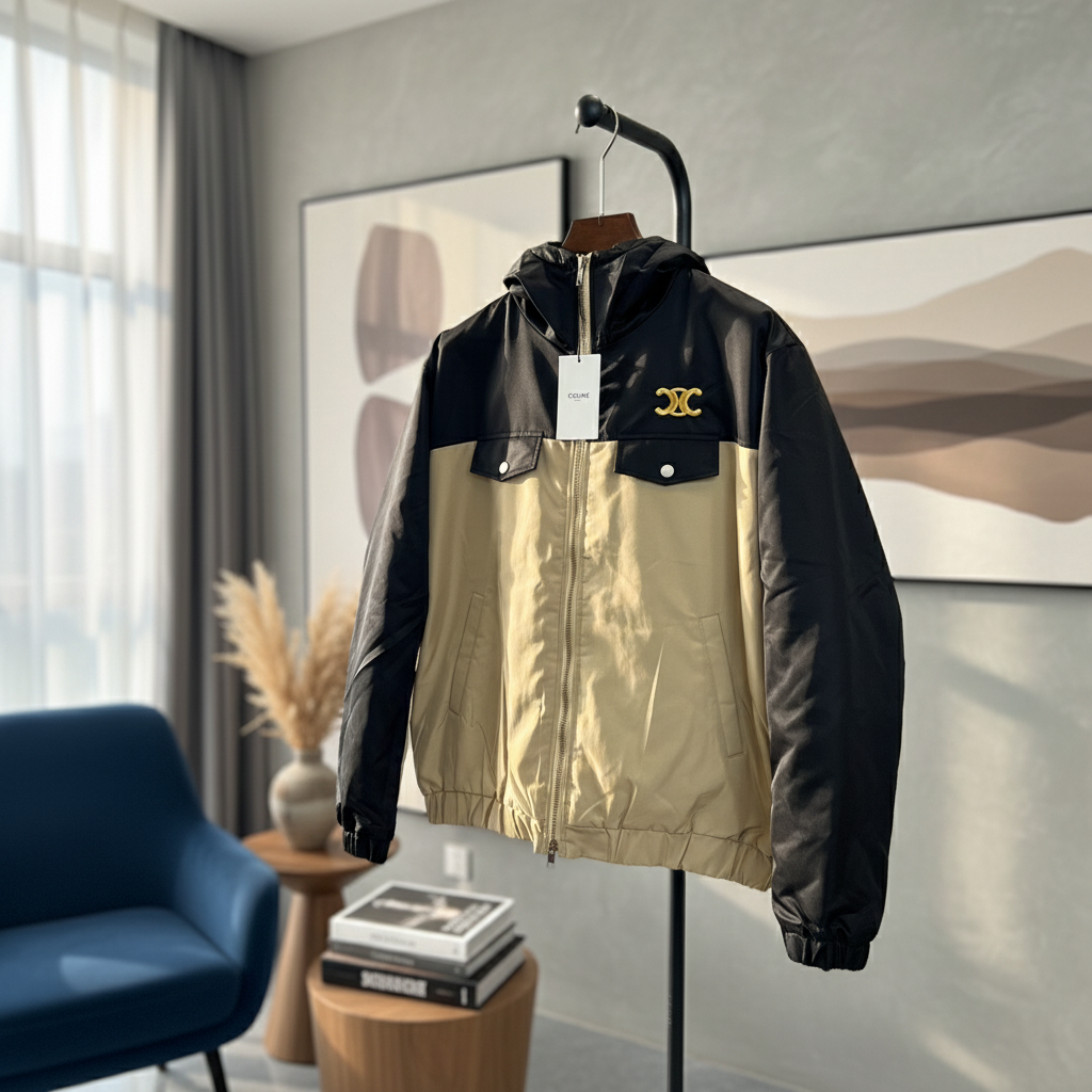 CELINE Black Beige Hooded Jacket Streetwear Zip