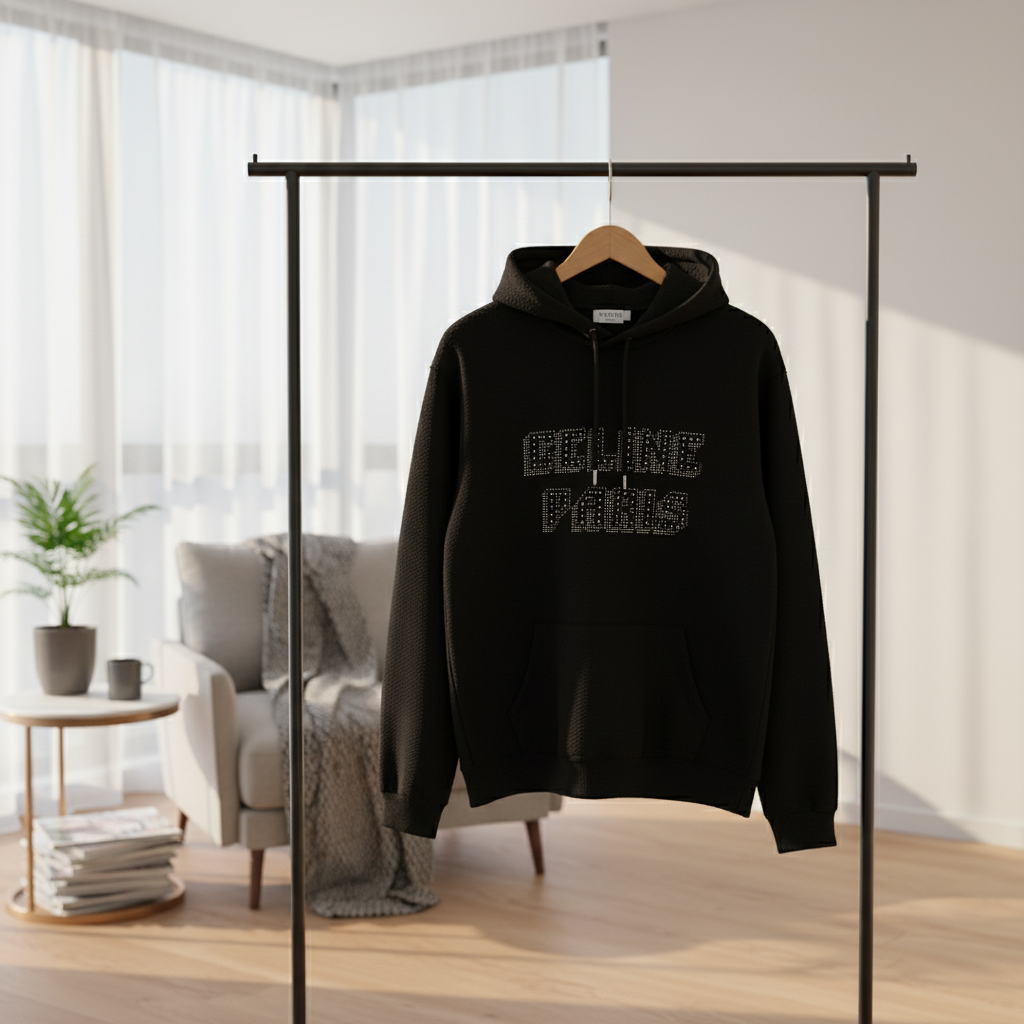 CELINE Paris Rhinestone Logo Black Pullover Hoodie