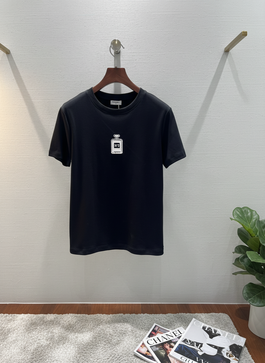 CHANEL No.5 Black Cotton Short Sleeve T-Shirt