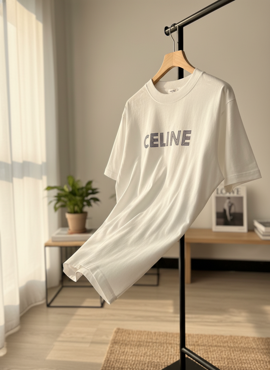 CELINE White Cotton Logo T-Shirt Casual Streetwear