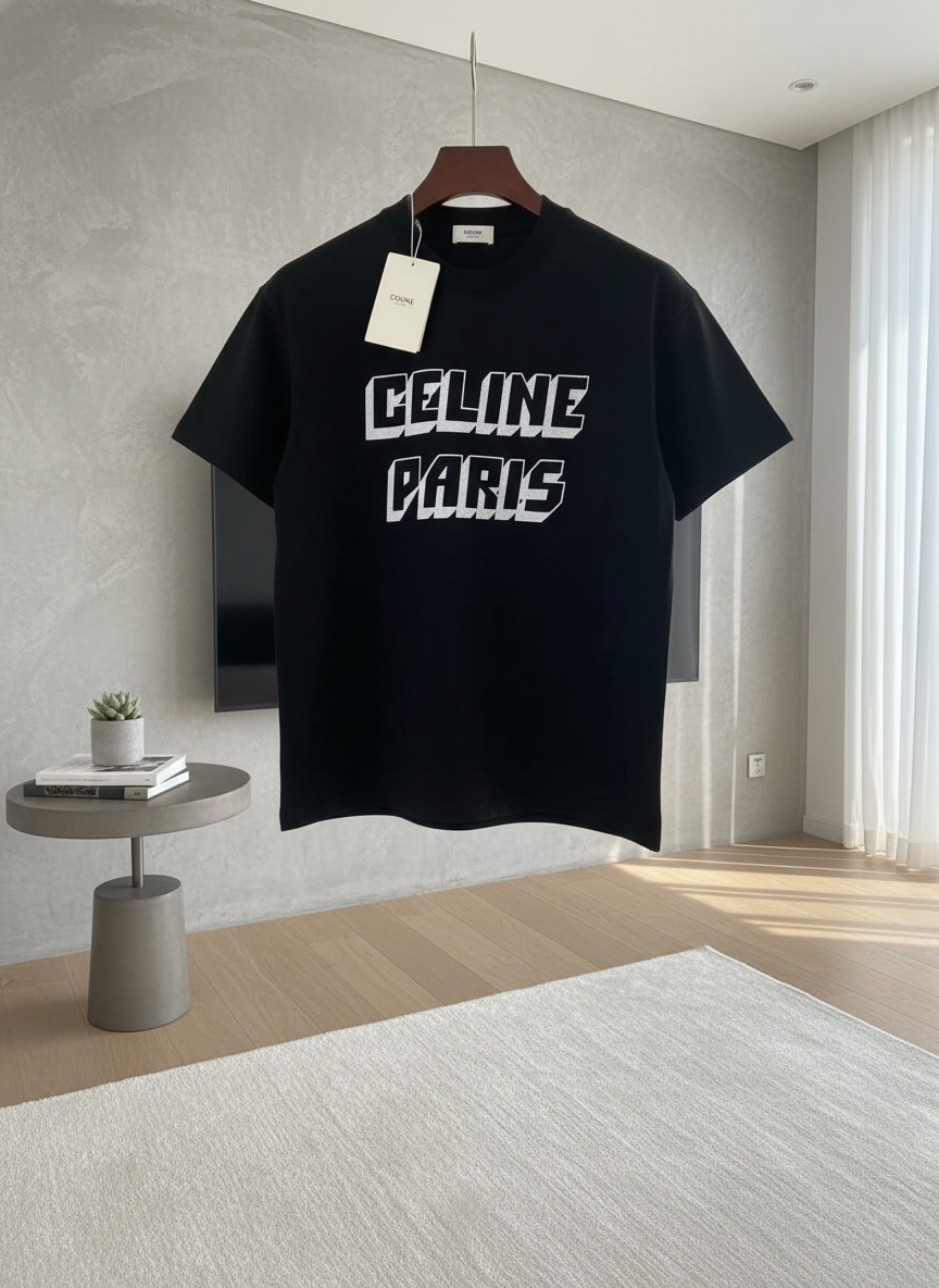 CELINE Paris Black Cotton Logo T-Shirt Unisex