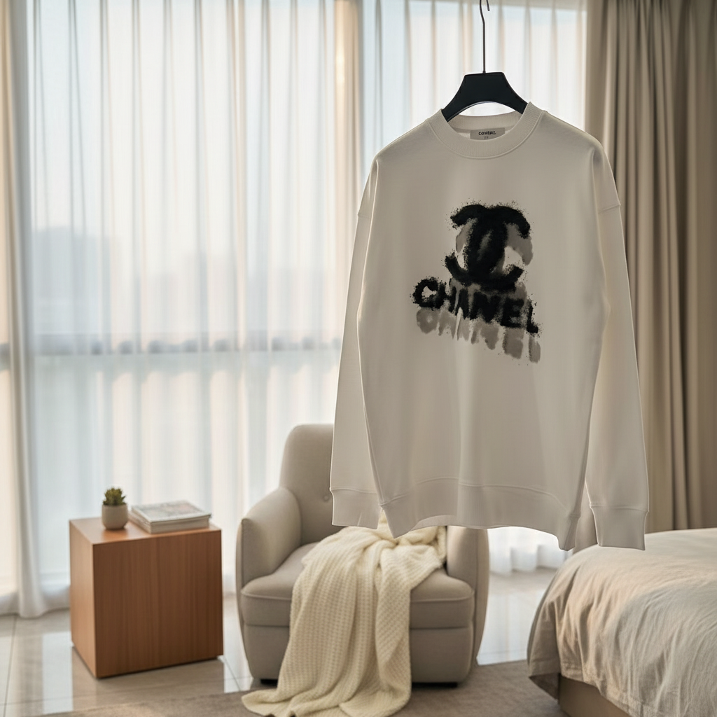 CHANEL White Logo Cotton Hoodie Streetwear