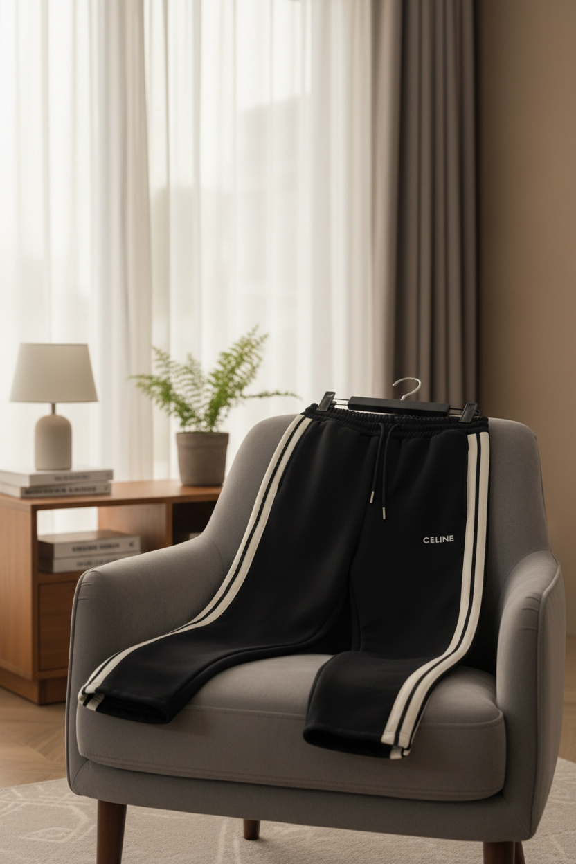 CELINE Black Track Pants White Stripe Athleisure