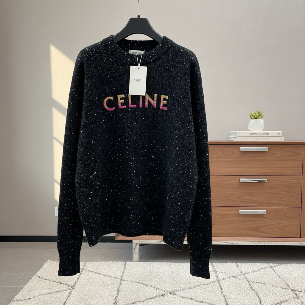 CELINE Black Knit Hoodie Colorful Logo Unisex