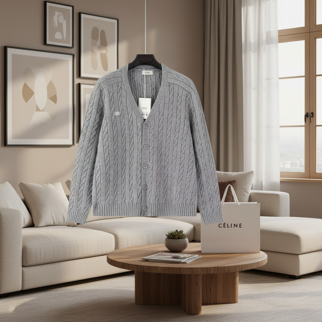 CELINE Gray Wool Cable Knit V‑Neck Cardigan