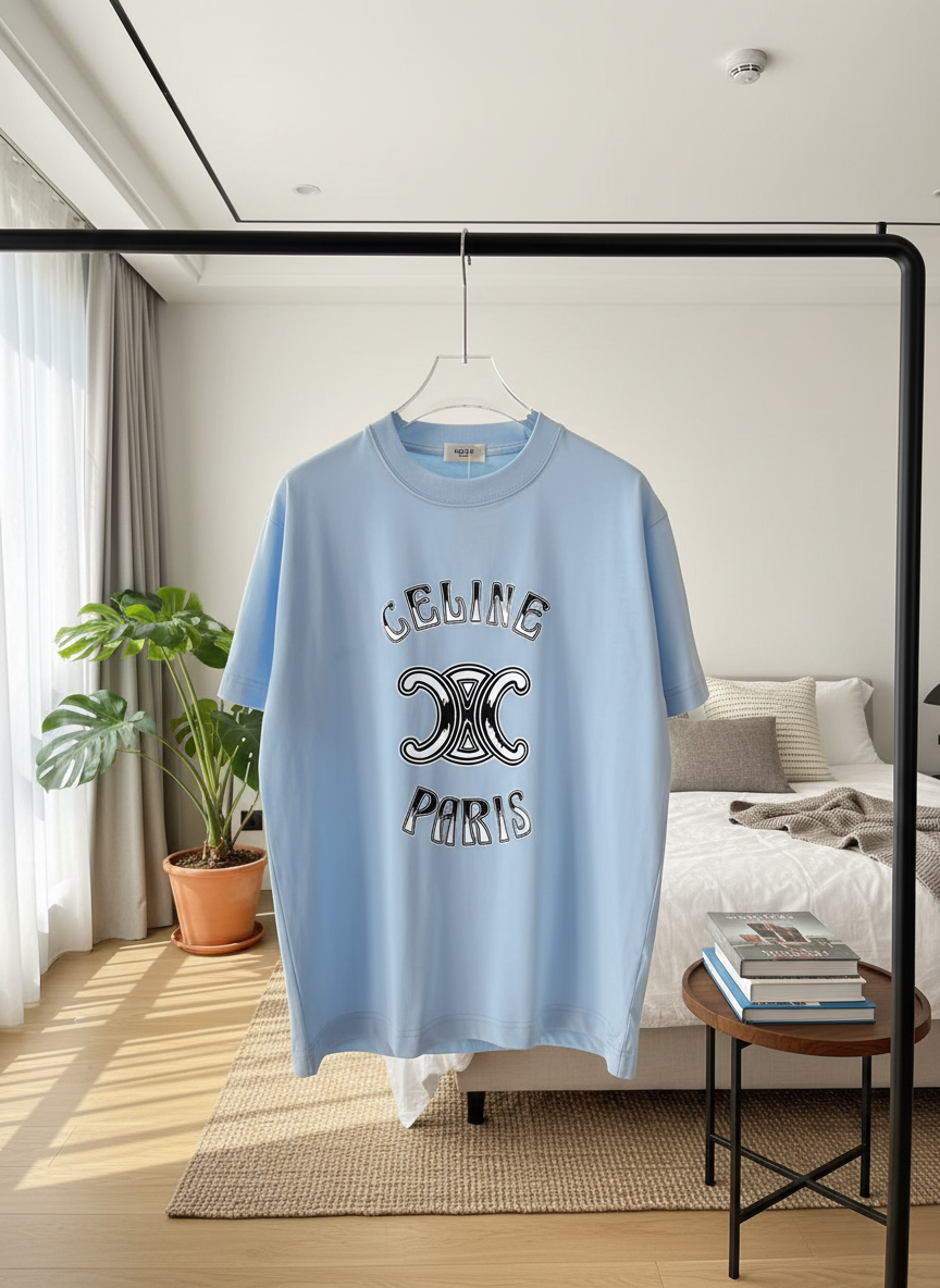 CELINE Paris Light Blue Logo Cotton Unisex T-Shirt