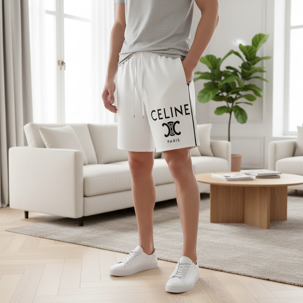 CELINE Paris Men's White Drawstring Summer Shorts