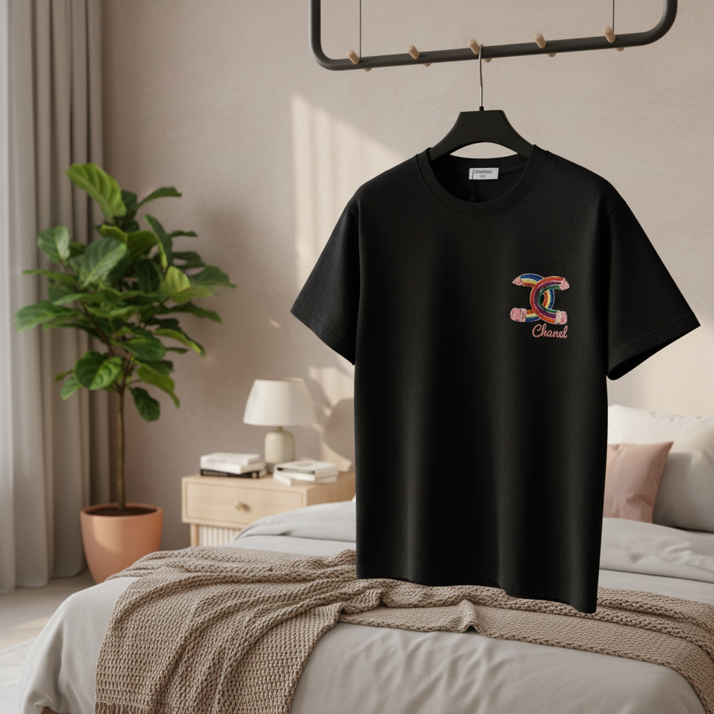 CHANEL Black Cotton T-Shirt Colorful Logo Tee