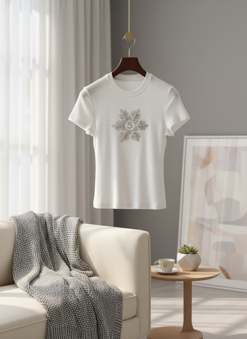 CHANEL Crystal Floral White Cotton Women T-Shirt