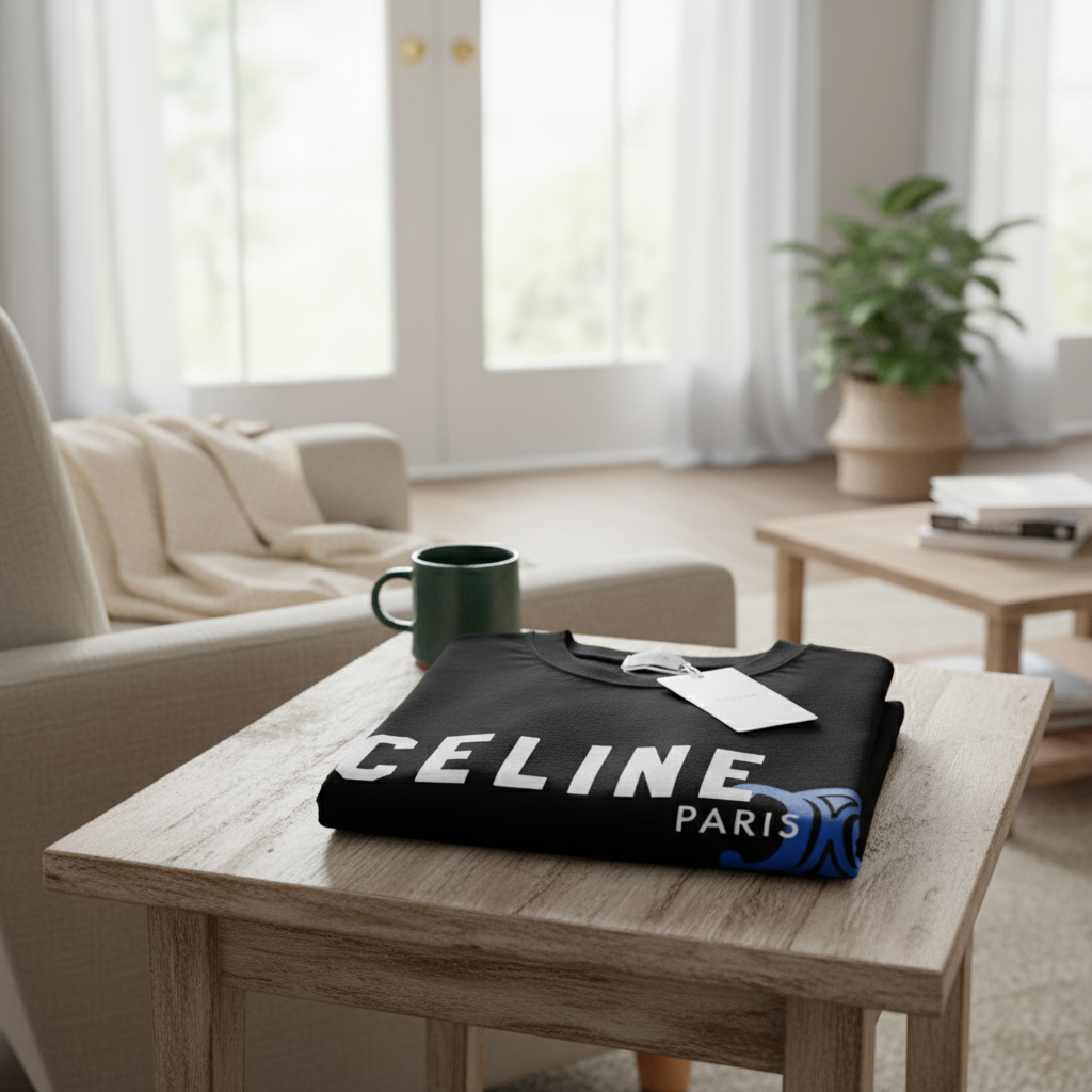 CELINE Paris Black Cotton Logo T-Shirt