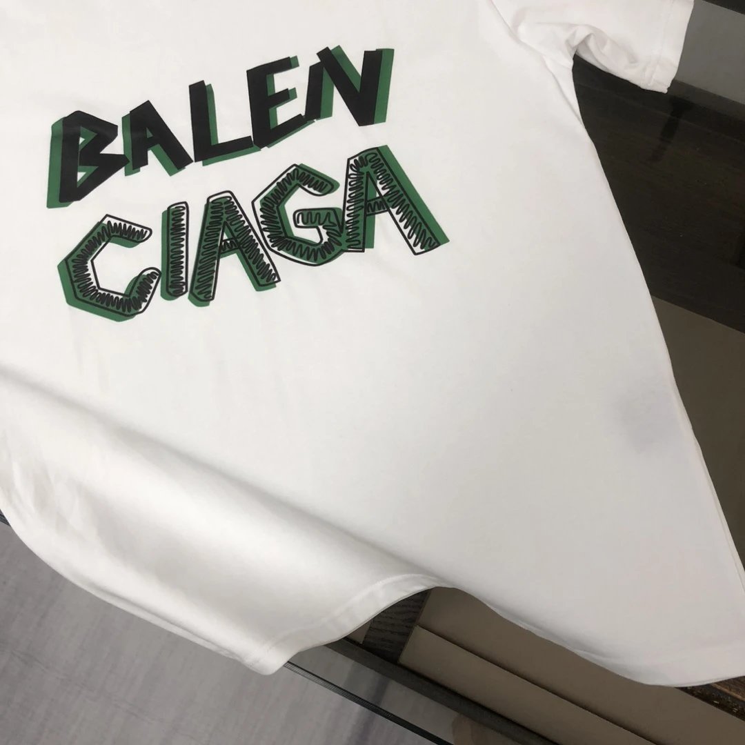 Balenciaga White Cotton T-Shirt Green 3D Logo Tee