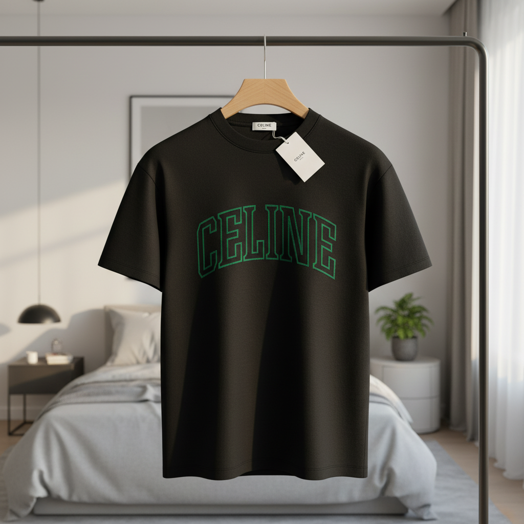 CELINE Black Cotton Green Logo Unisex T-Shirt