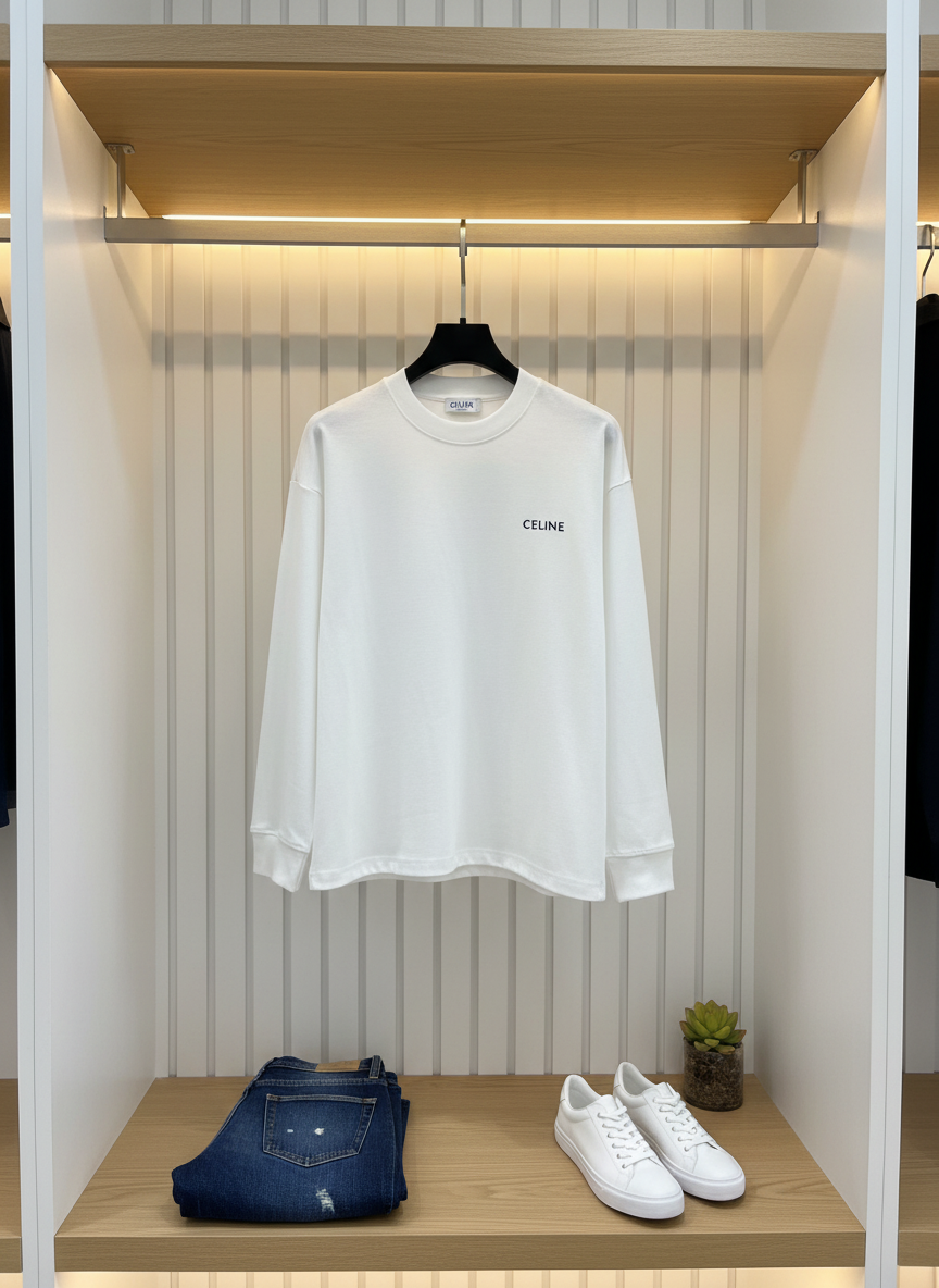 CELINE White Minimalist Logo Cotton Long Sleeve Hoodie