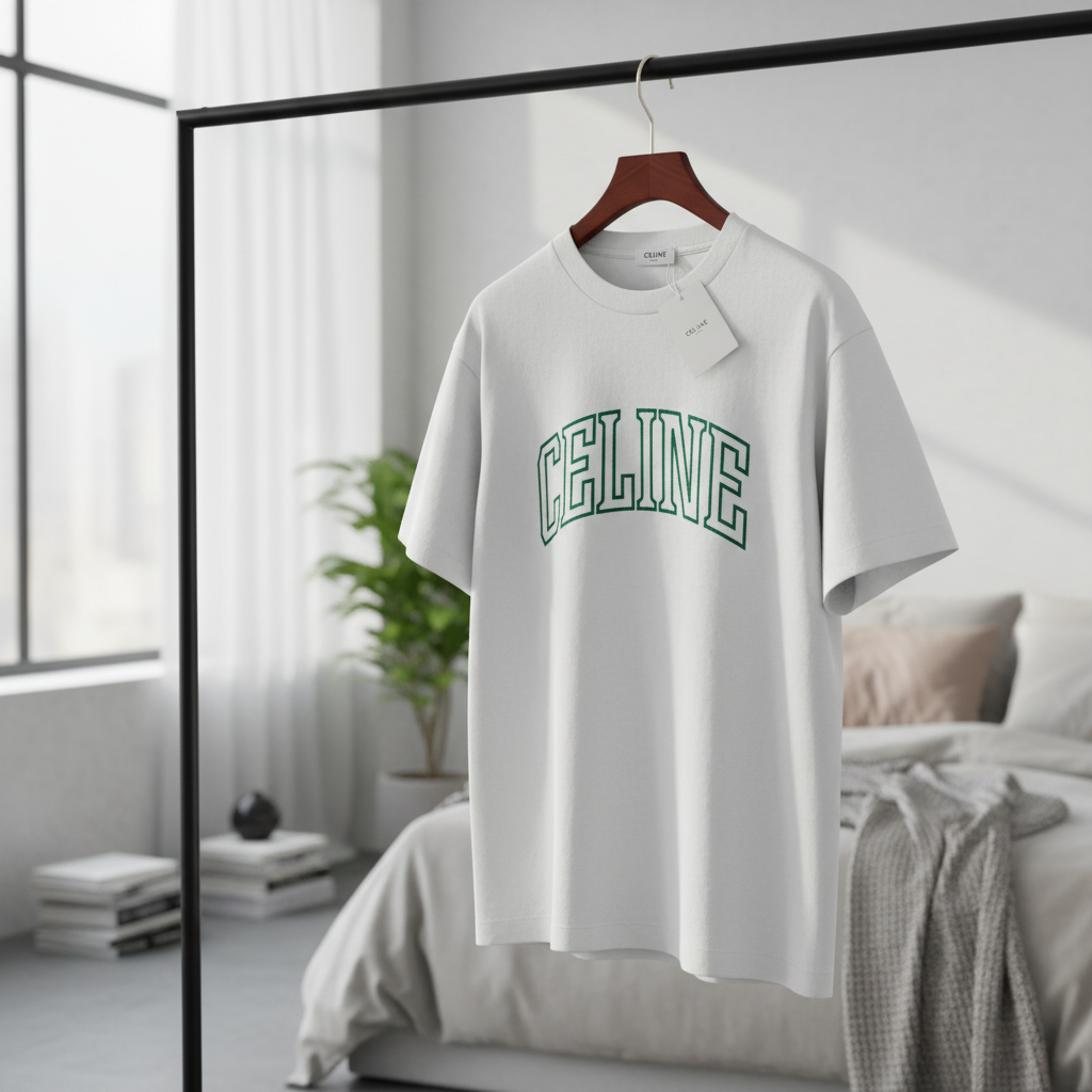CELINE White Green Logo Unisex Cotton T-Shirt