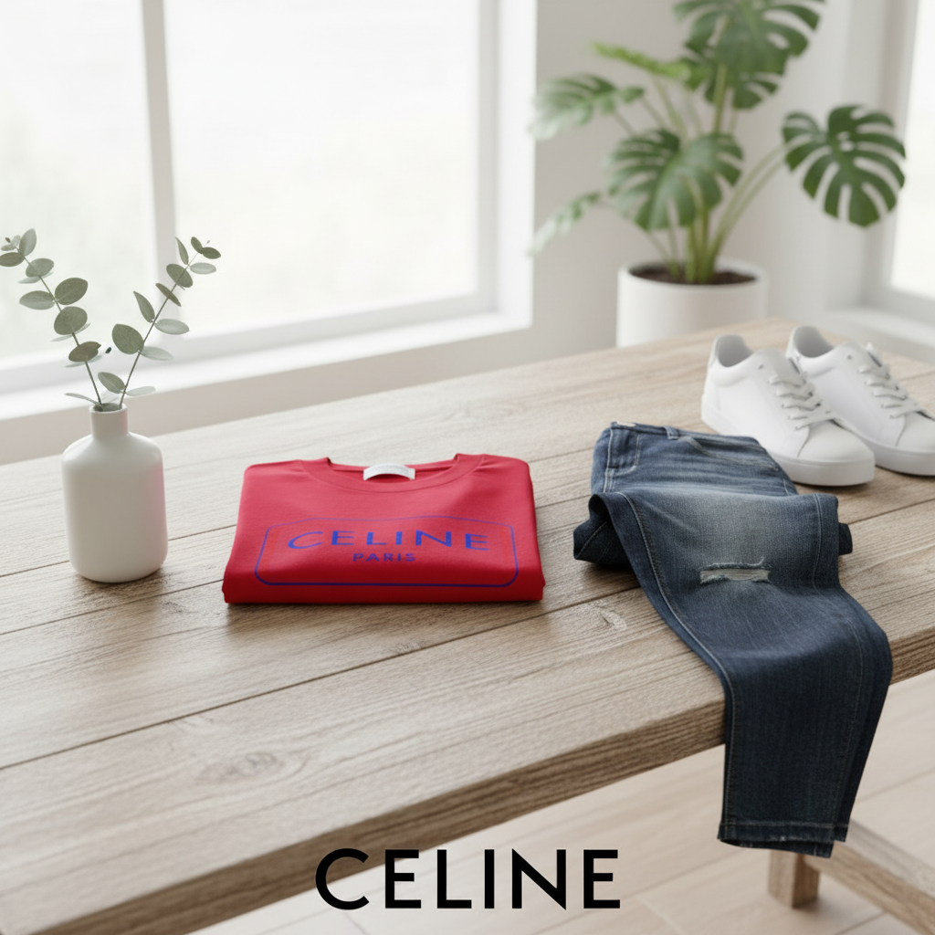 CELINE Paris Red Logo Cotton T-Shirt