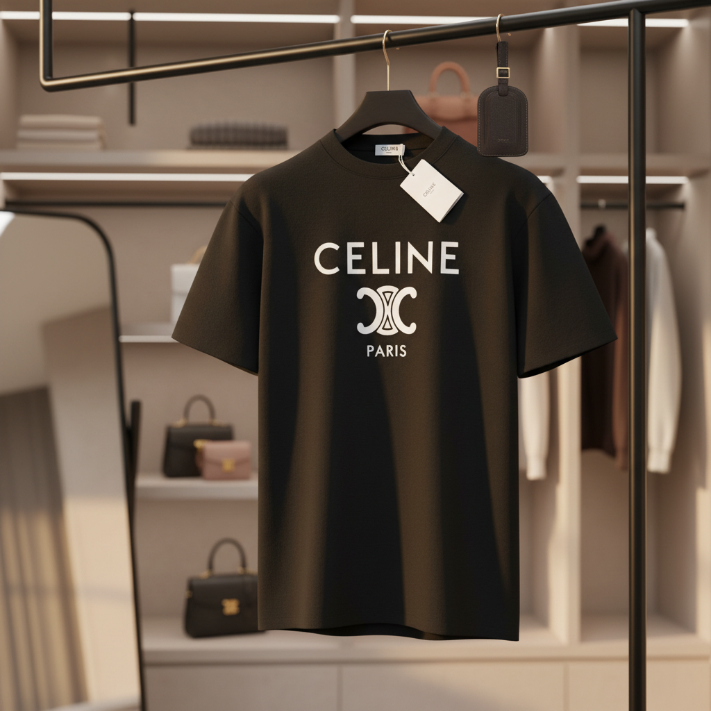 CELINE Paris Black Cotton Logo T-Shirt