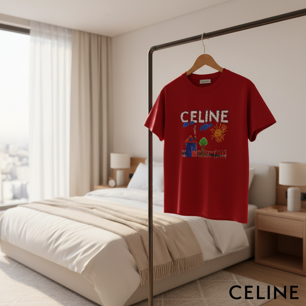 CELINE Red Graphic Cotton T-Shirt Streetwear Style