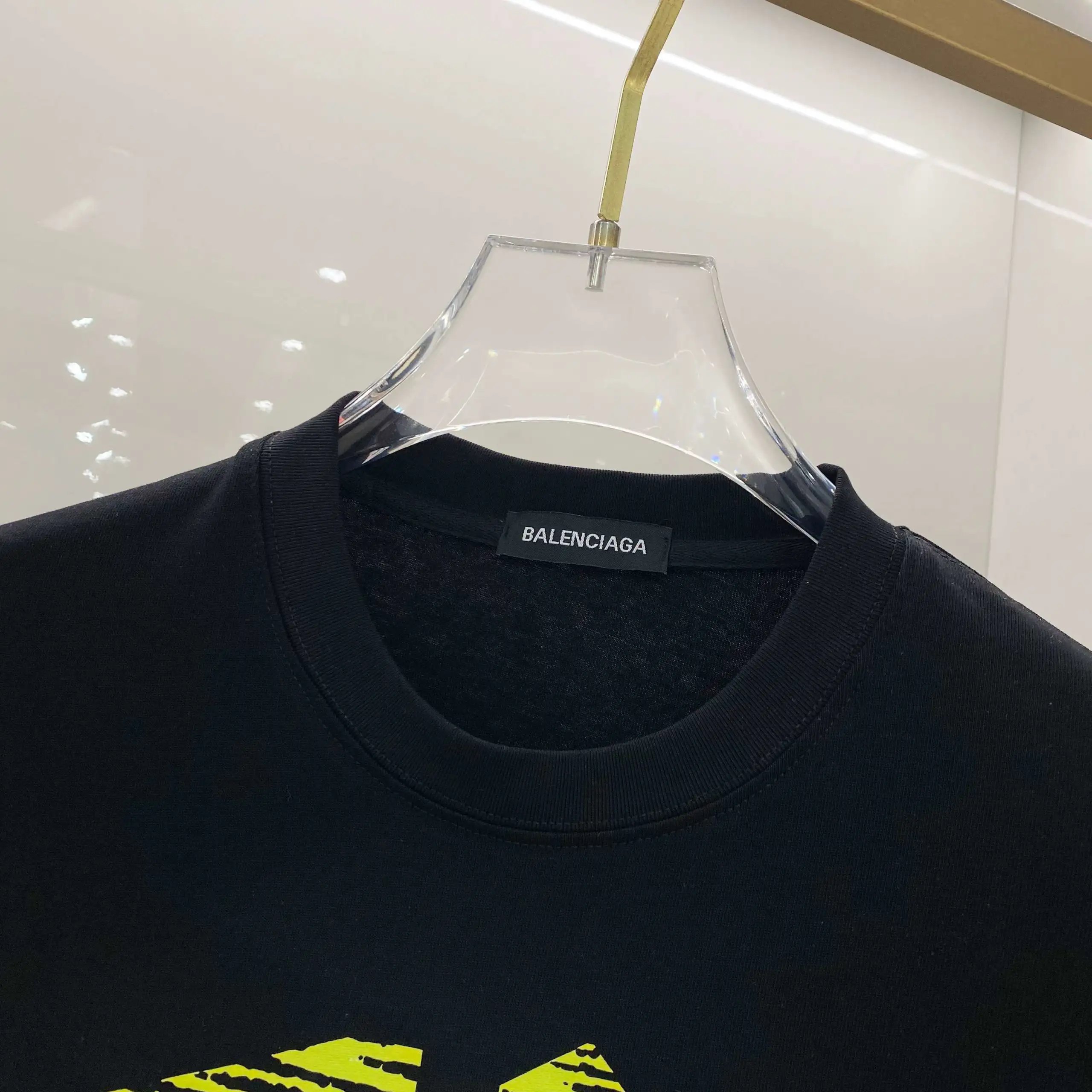 Balenciaga Men Black T-Shirt Yellow BB Logo Cotton Tee