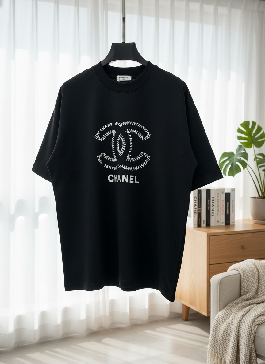 CHANEL Black Cotton Logo T-Shirt Casual Streetwear