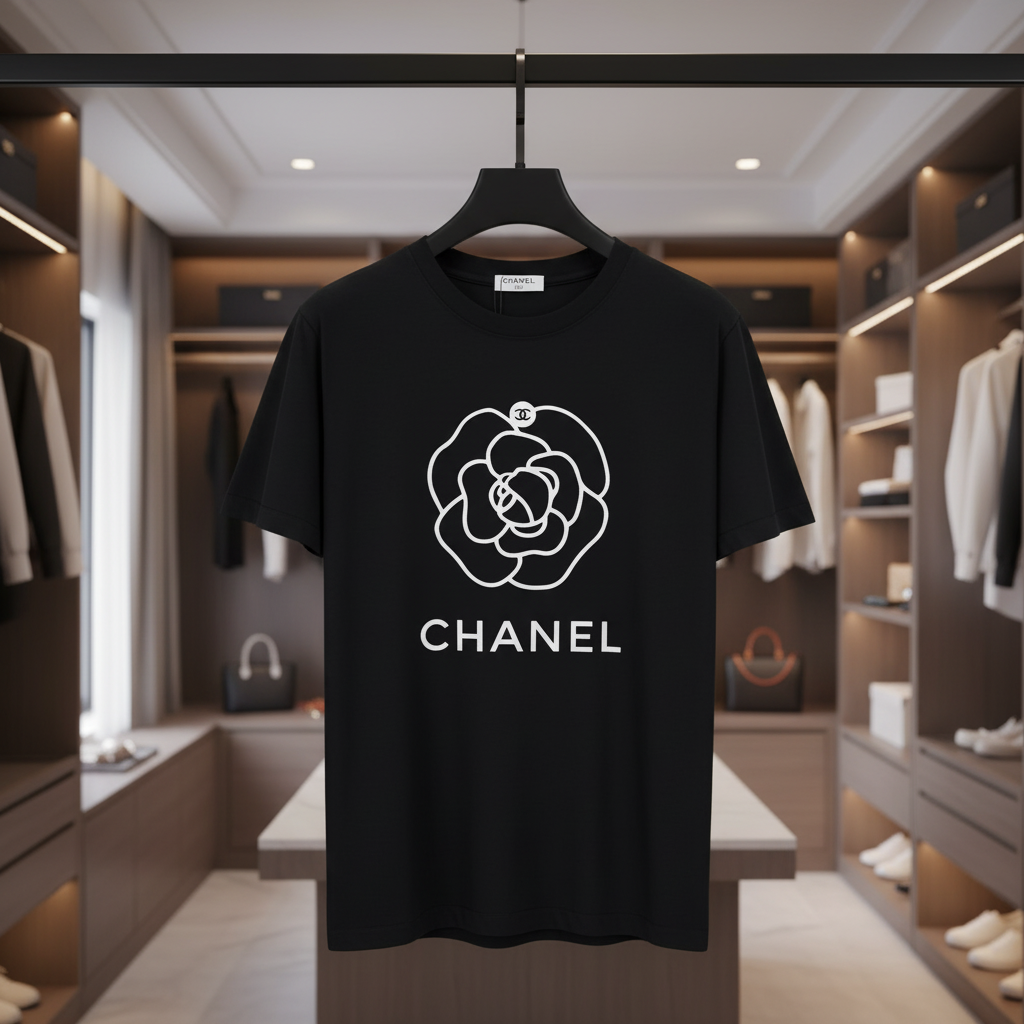 CHANEL Camellia Logo Black Cotton T-Shirt Women