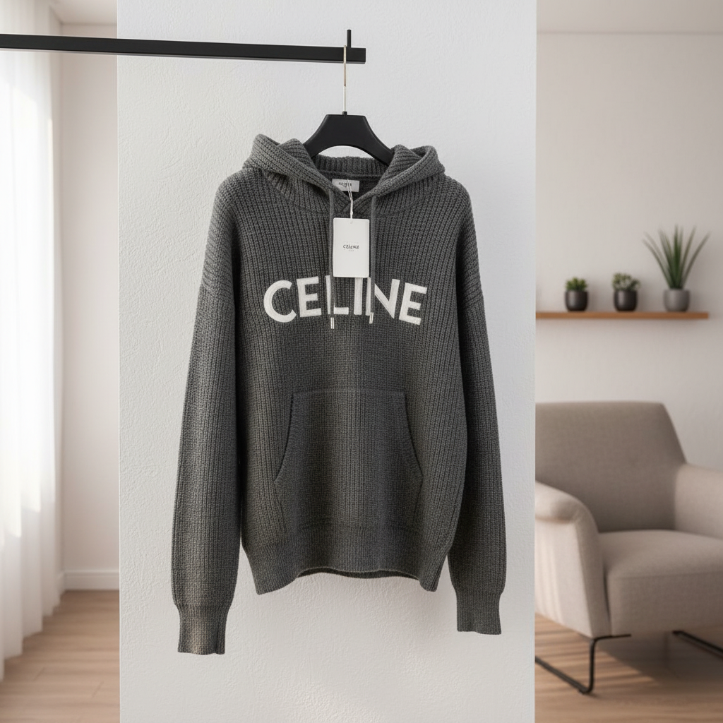 CELINE Knitted Hoodie Men Women Logo Sweater Pullover Gray