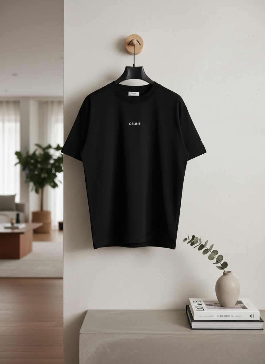 CELINE Black Logo Cotton Unisex T-Shirt