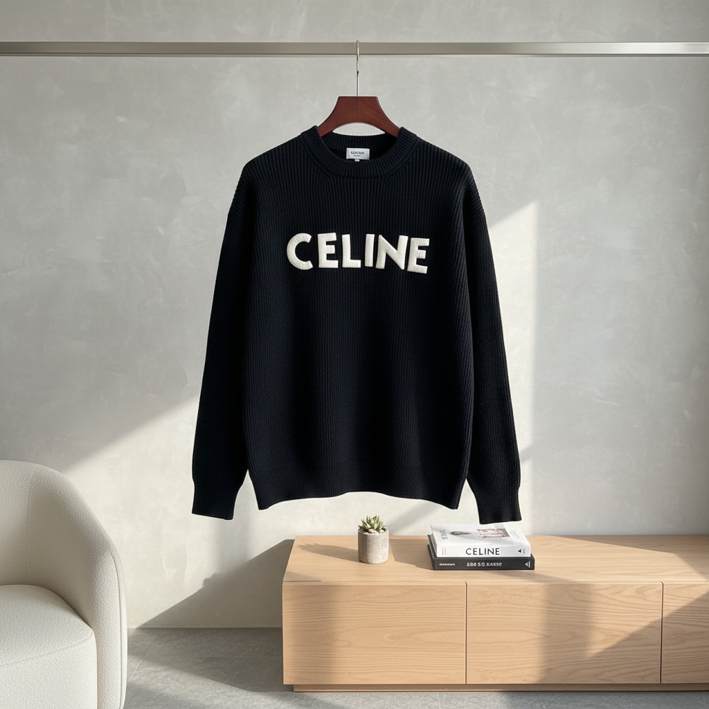 CELINE Black Knit Hoodie Bold Logo Streetwear