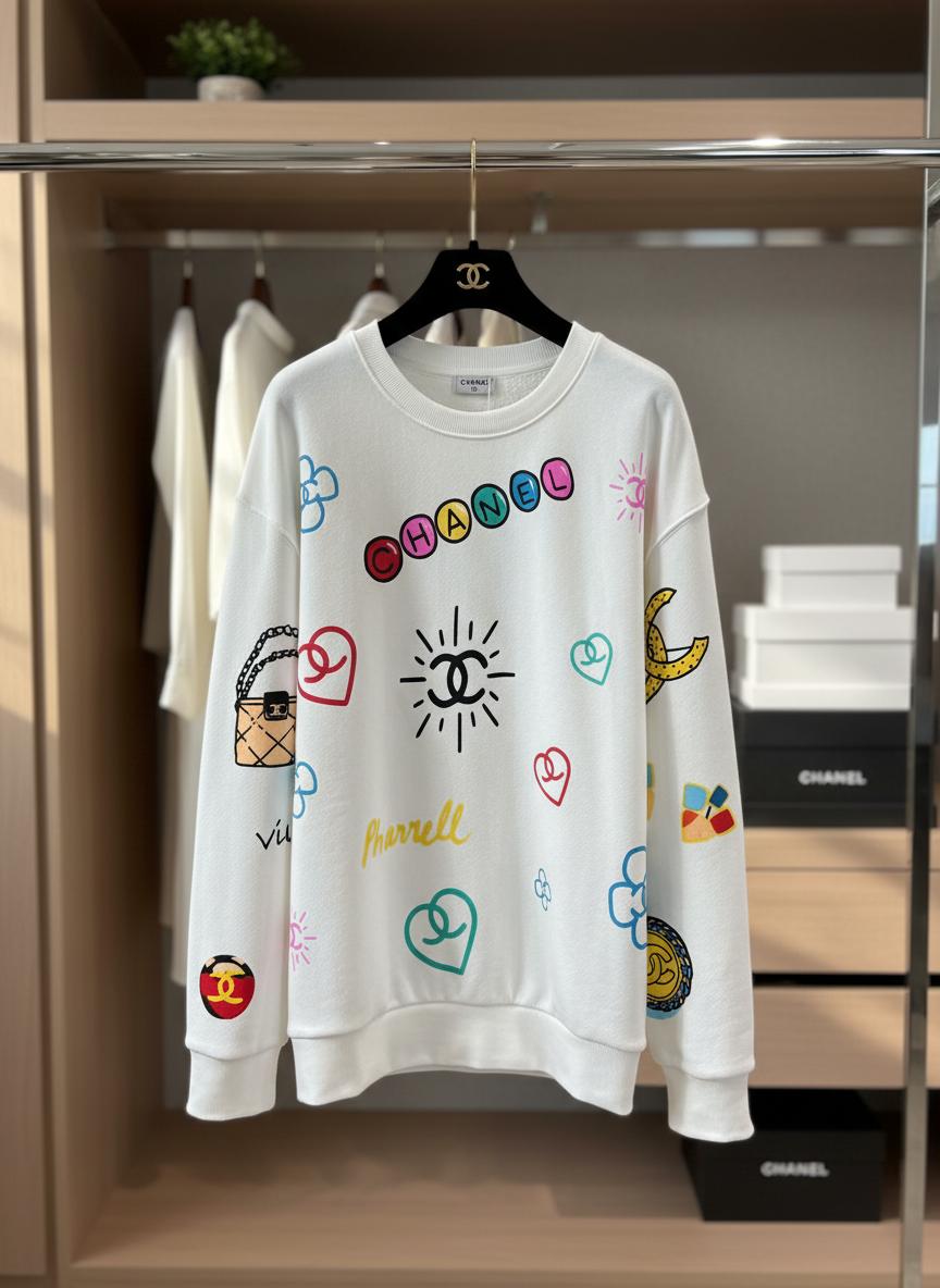 CHANEL Women White Hoodie Graphic Print Sweatshirt