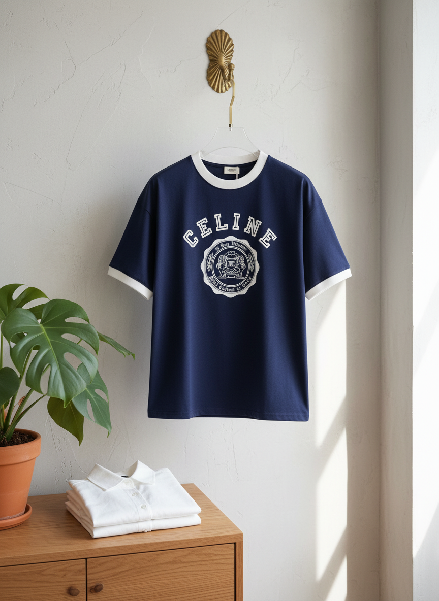 CELINE Men's Navy Cotton Logo T-Shirt