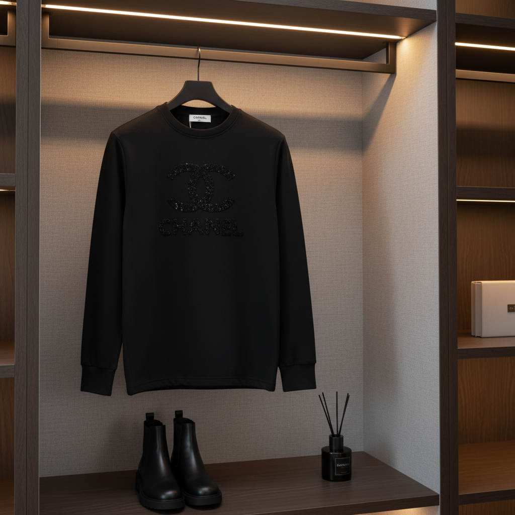 CHANEL Black Logo Cotton Unisex Hoodie
