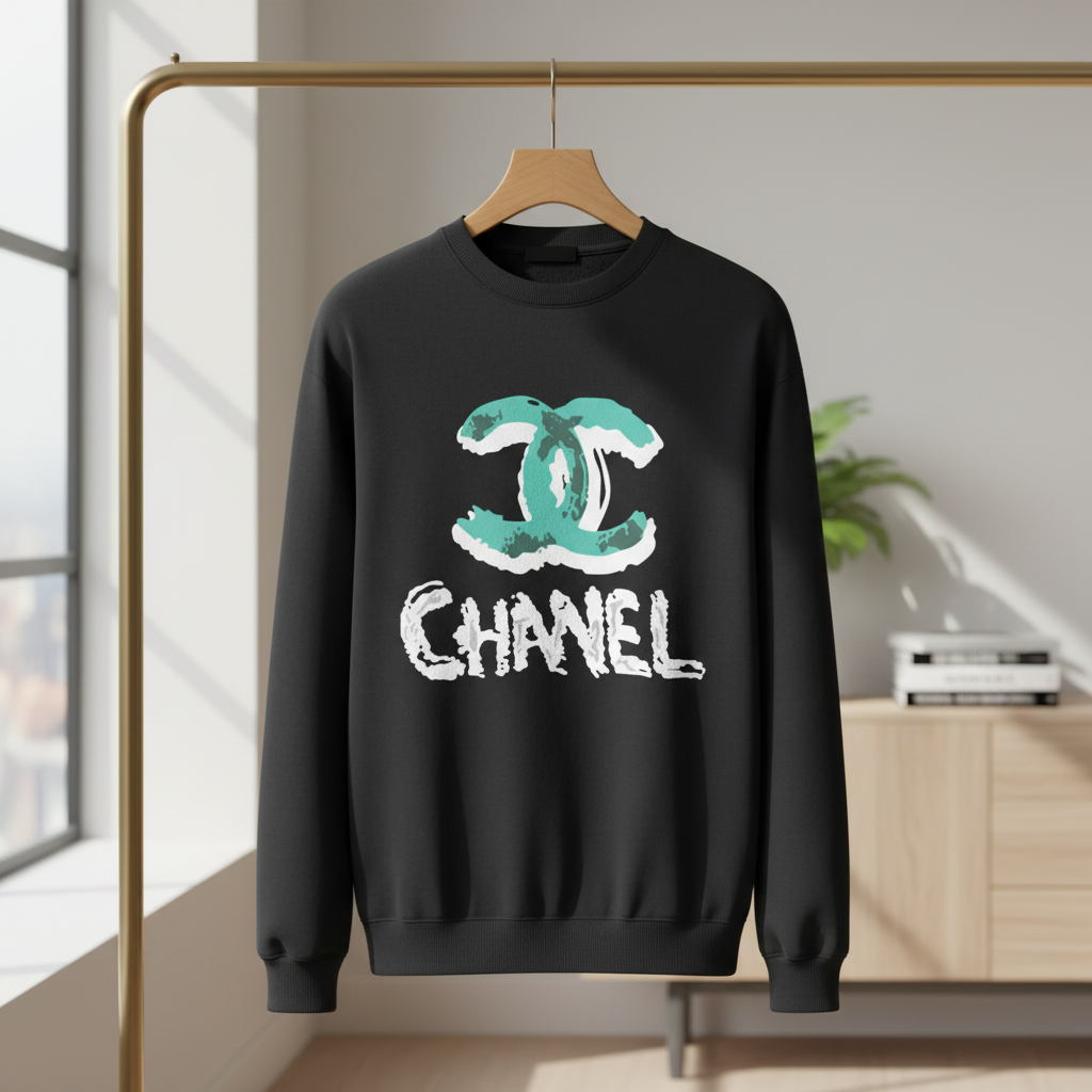 CHANEL Black Logo Cotton Hoodie Unisex Casual Sweatshirt