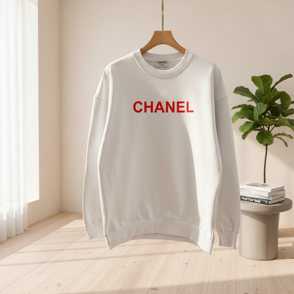 CHANEL White Hoodie Red Logo Unisex Sweatshirt