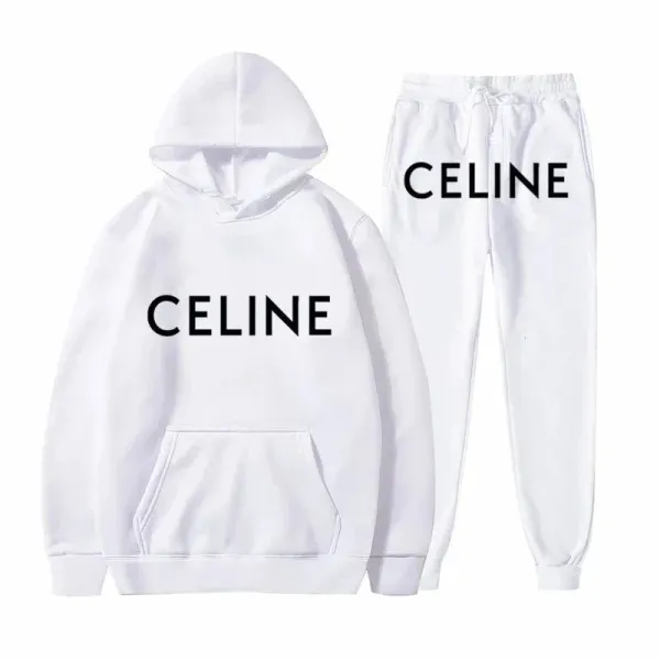 Celine Logo Print White Hoodie and Sweatpants Set - 7
