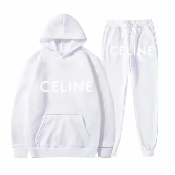 Celine Logo Print White Hoodie and Sweatpants Set - 1