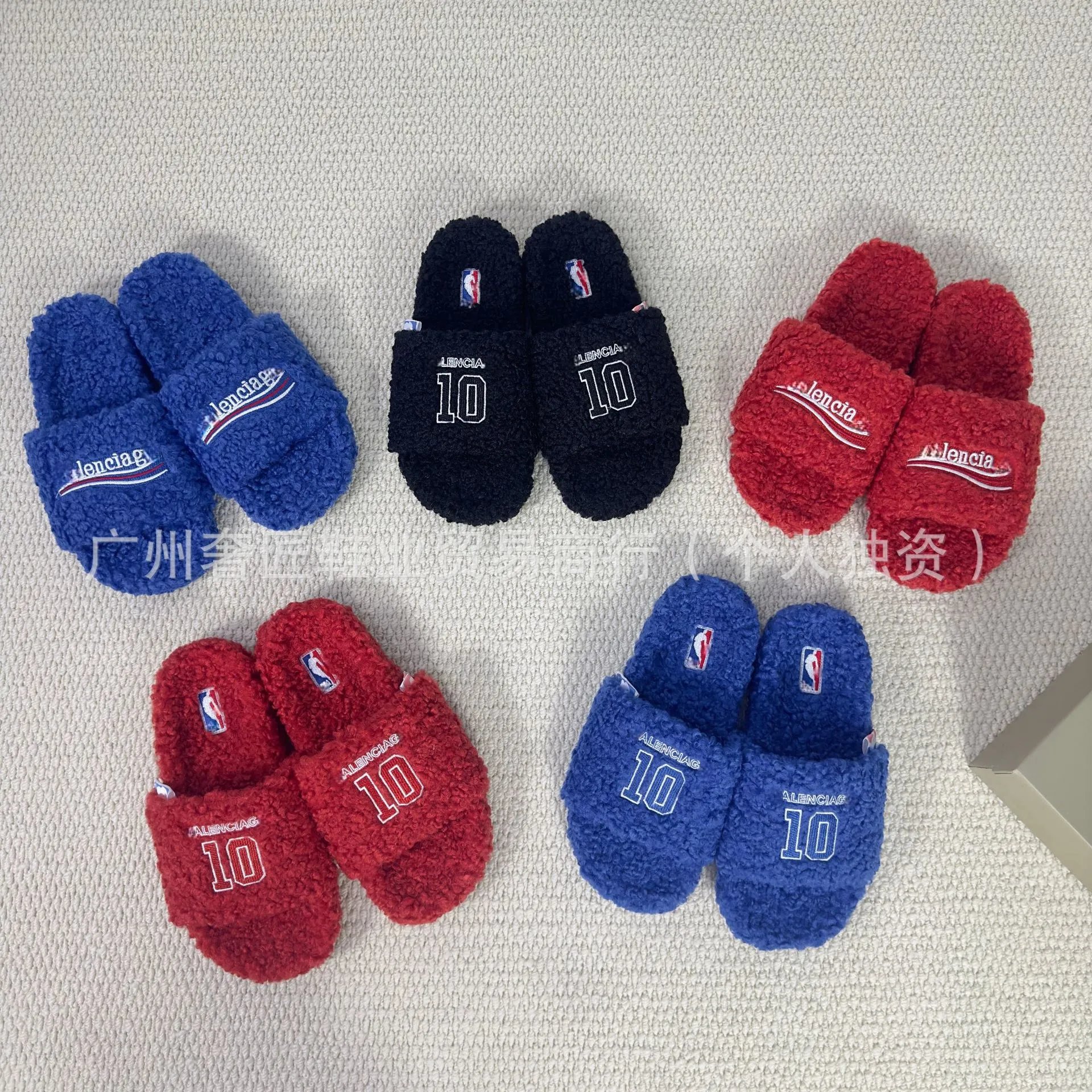 Foreign Trade High Version Paris Hairy Slippers Women's Outerwear Letter Embroidered Thick Bottom Lamb Hair Autumn/Winter Flat Bottom One Word Drag