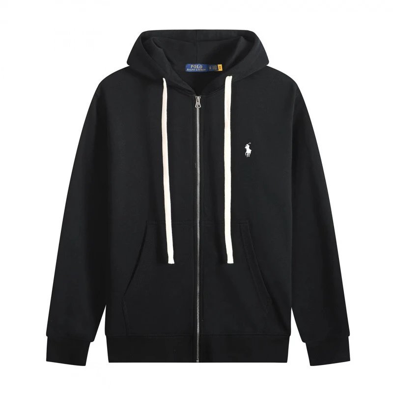 White Drawstring Zipper Hoodie Black with White Label
