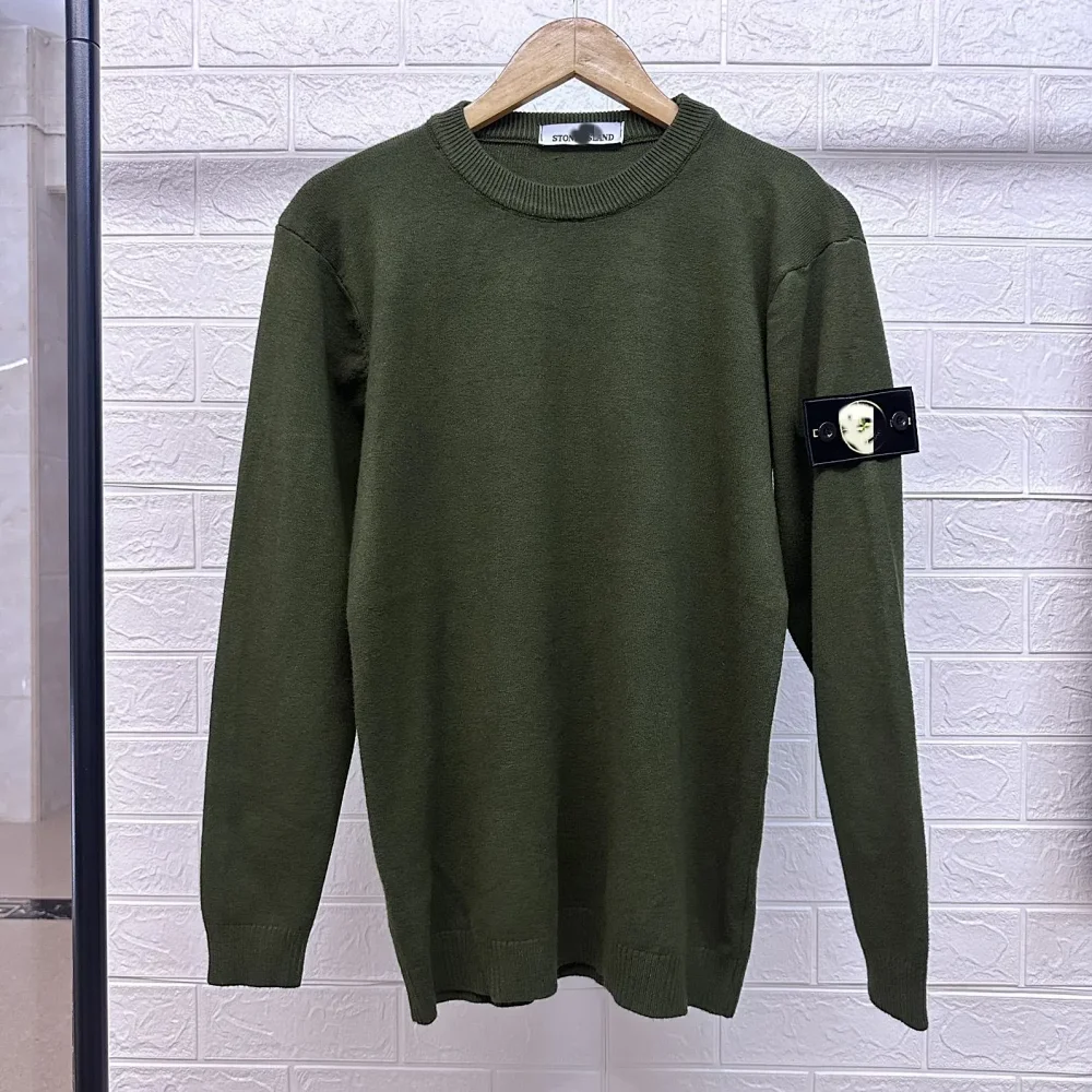 Stone Island, army green crew neck knit sweater