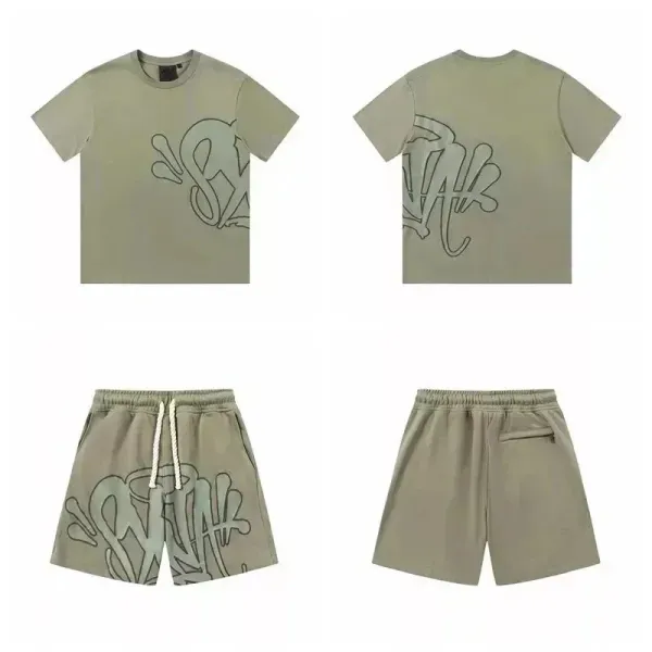 Off-White Graffiti Outline T-Shirt and Shorts Set Olive Green Casual Set - 1